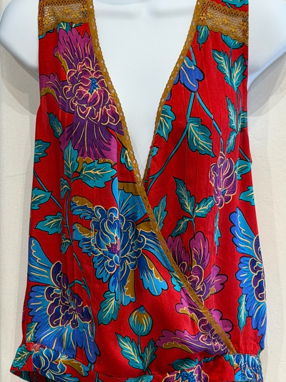 Anthropologie Red Floral Wrap Blouse with Gold Trim